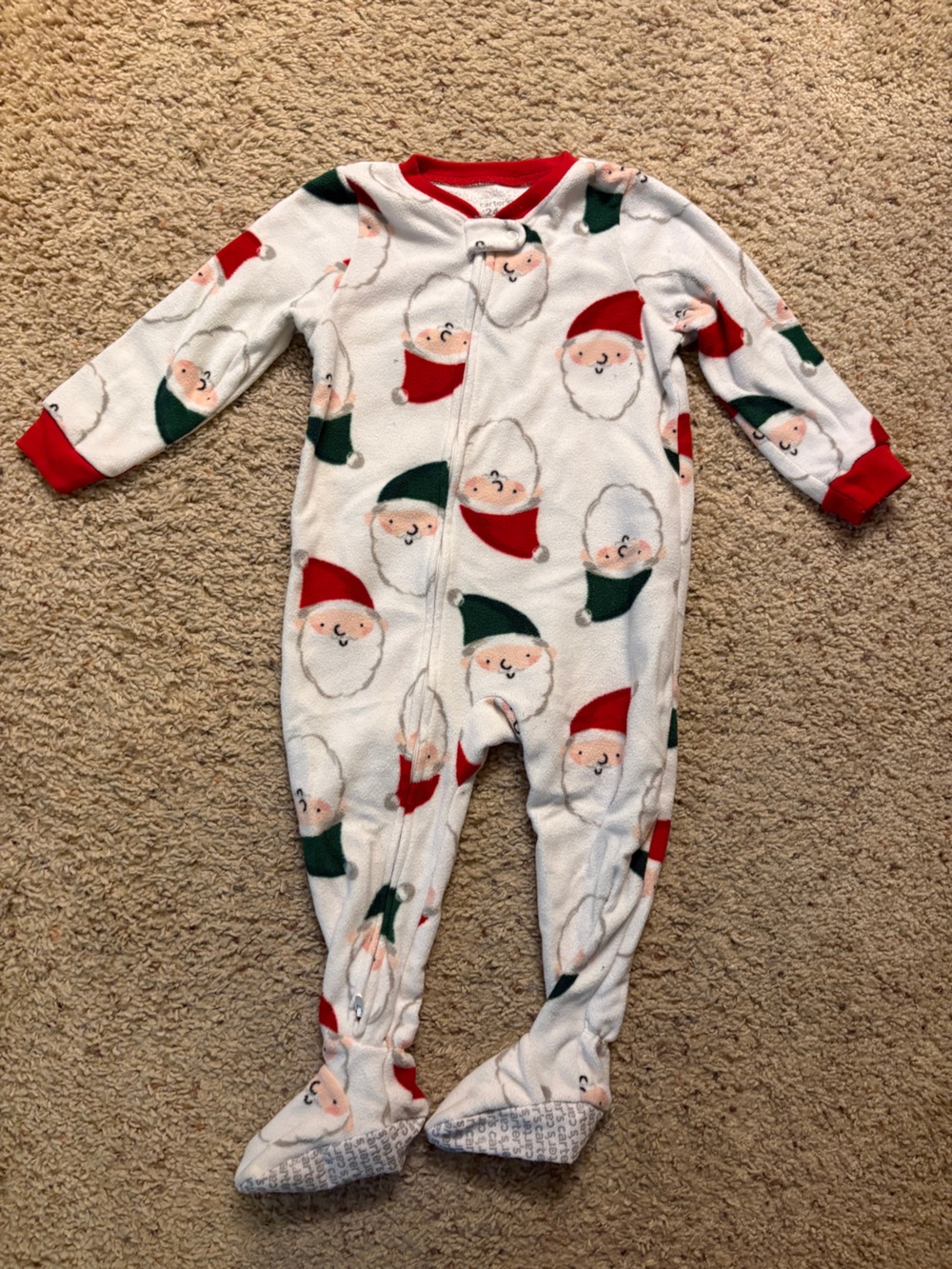 Carter's White Fleece Santa Print Footed One-Piece with Red & Green Accents